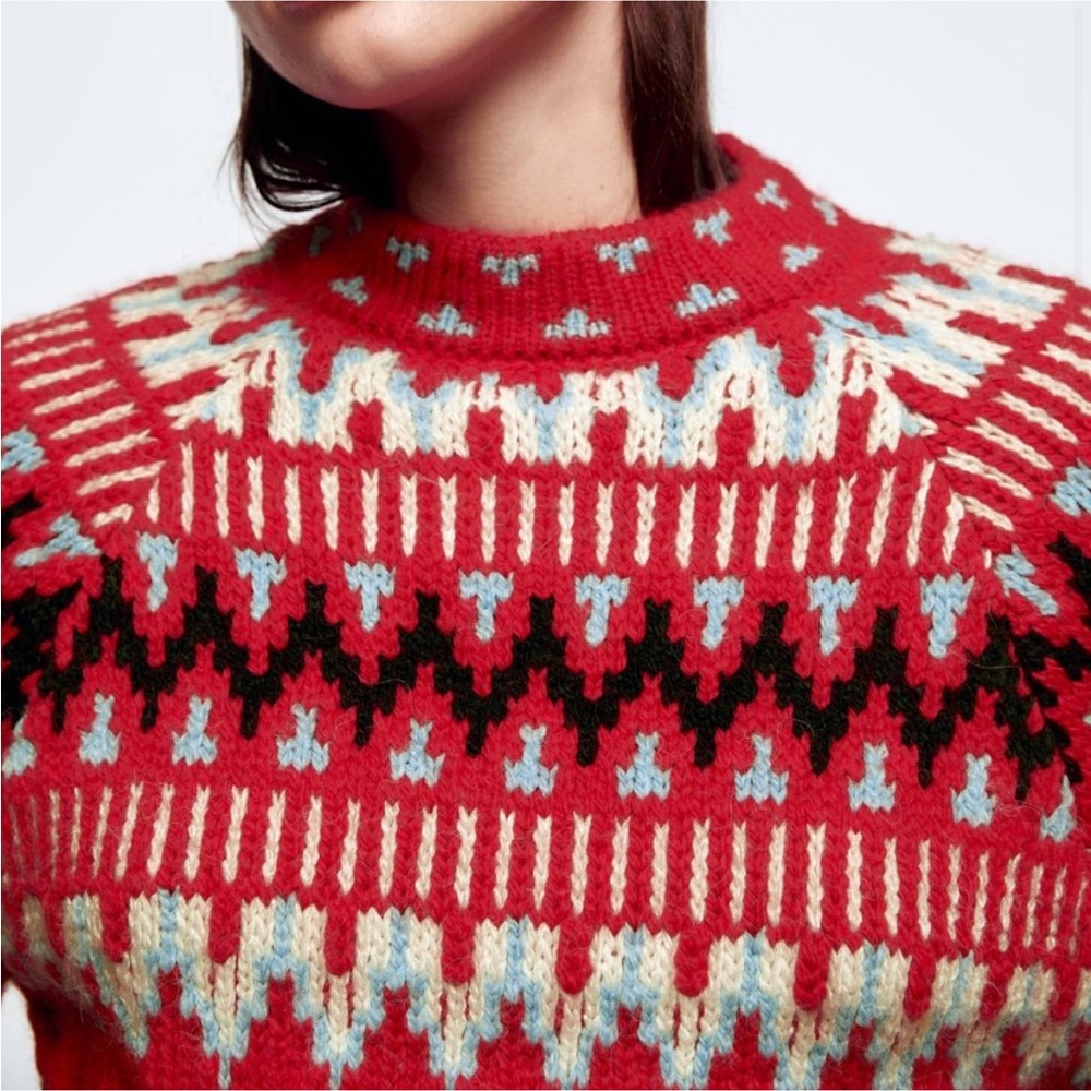 ZARA CABLE KNIT WOOL BLEND JACQUARD SWEATER - Picture 4 of 10